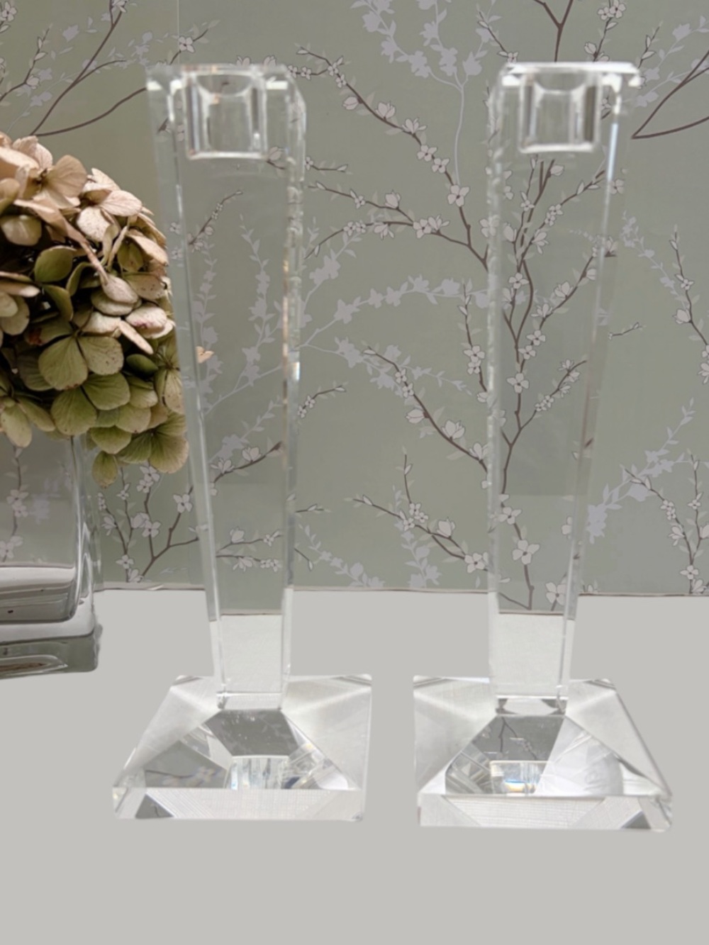 Oleg Cassini | Vintage Boxed Pair of Alanna 8" Crystal Candlestick Holders
